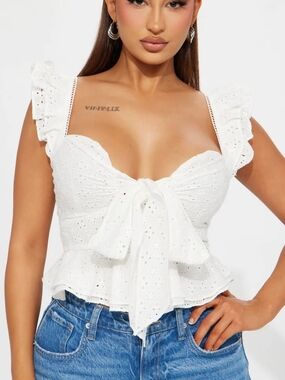 Fashion Nova White Eyelet Tie-Front Ruffle Camisole